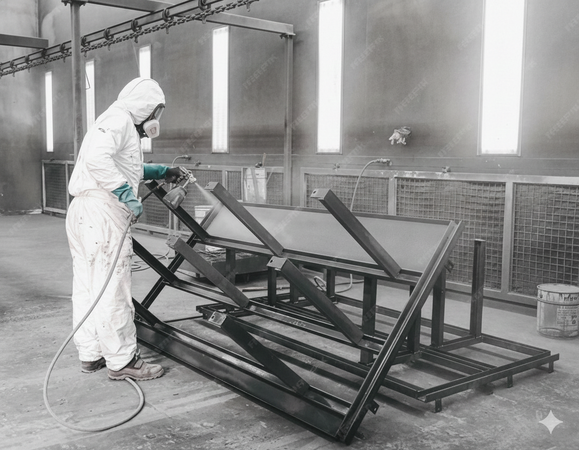Piezas de gran tamaño colgadas en cabina de pintura